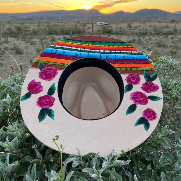 Hand painted serape rose wide brim fedora